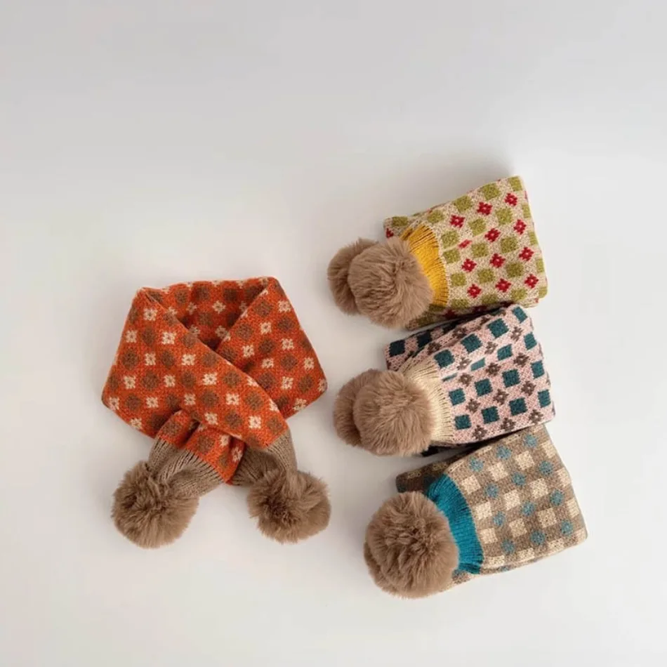 Kids Plaid Knitted Scarf with Ball Soft Warm Children Winter Neck Wrap Retro Check Pattern Children Cold Weather Accessory ZX07