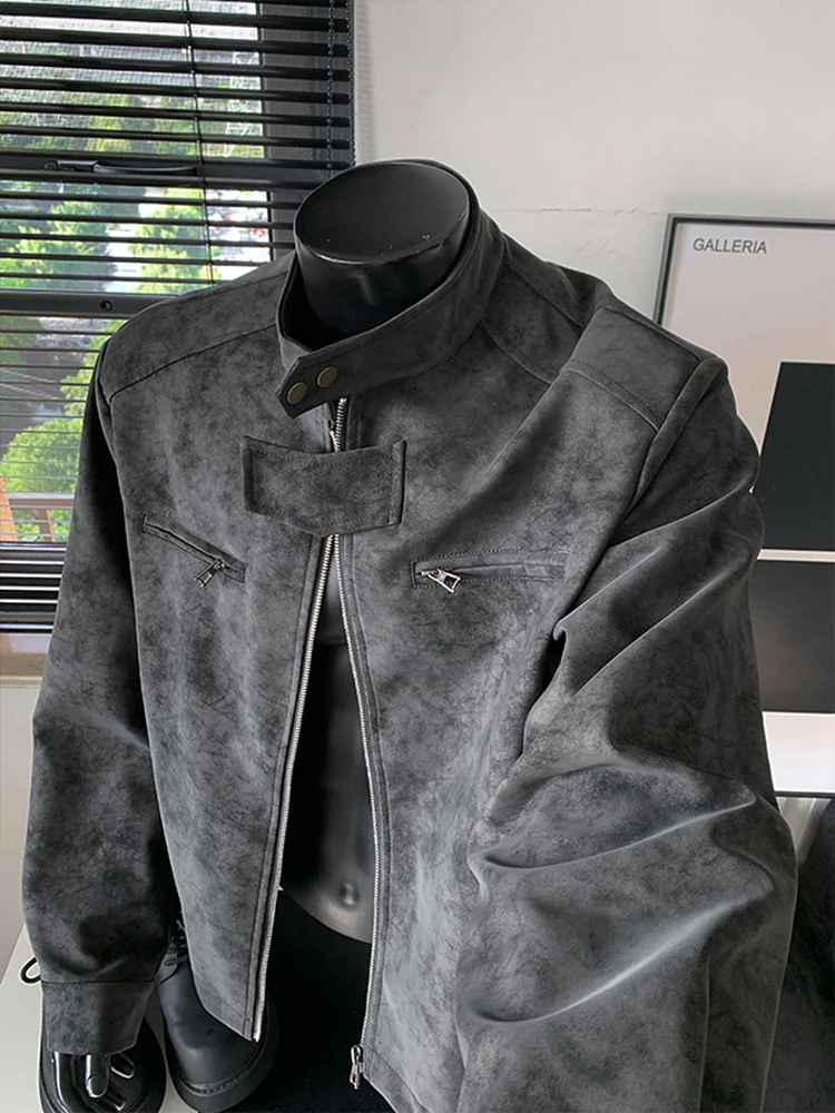 American Dyed PU Leather Jacket Men's Winter Thickened CleanFit Stand Collar Jacket Casual Style Long Sleeve Zipper Closure
