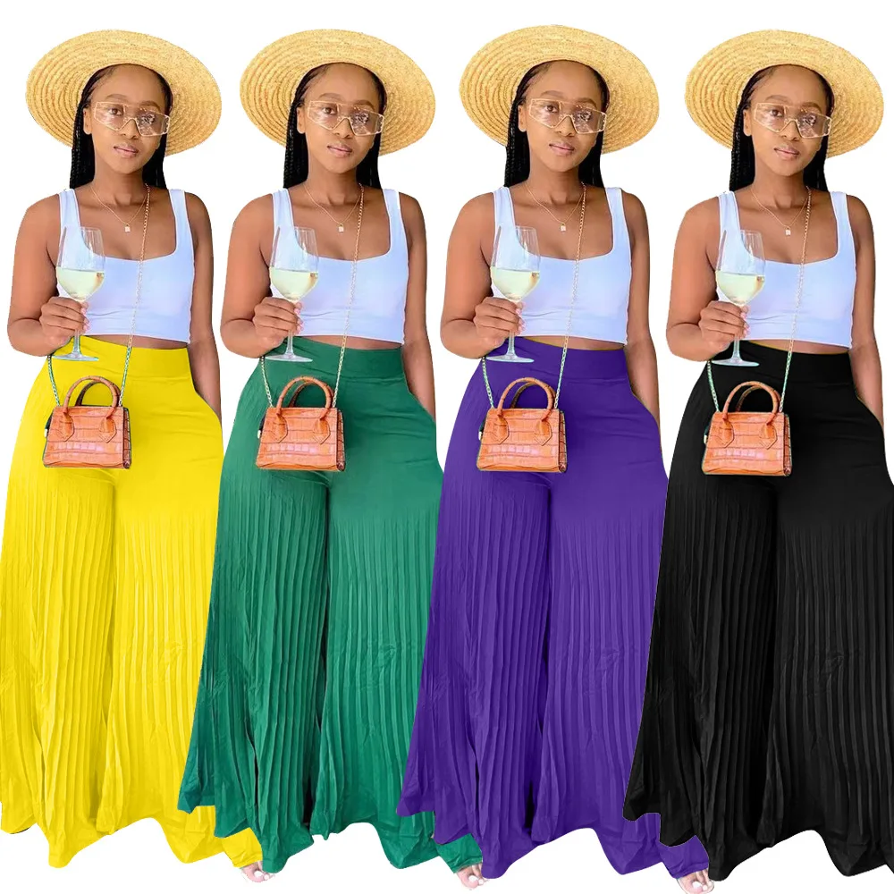 Elegant Women Pleated Boho High Waist Wide Leg Pants For 2022 Summer Beach Holiday Streetwear Straight Trousers