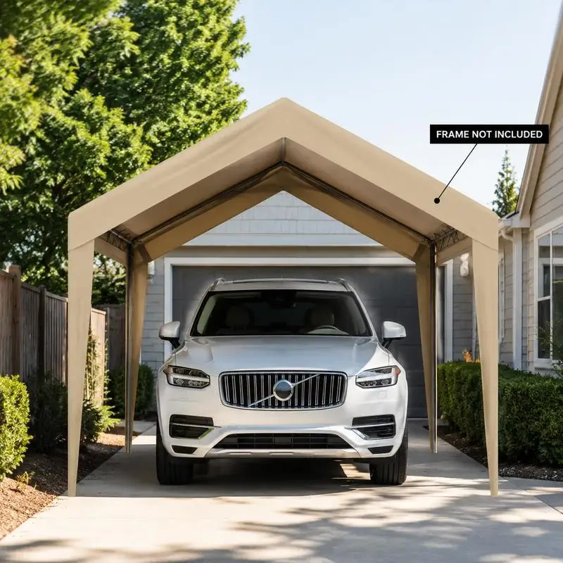 3x6m Outdoor-Carport-Garagenzelt, Beige Polyethylen-Überdachung mit verstärktem Rahmen, Schnell aufbaubarer tragbarer Unterstand für Einfahrt, Garten, Parkplatz und Lagerung