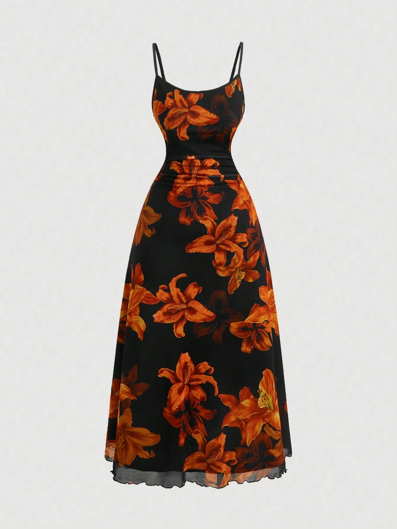 

Элегантное оранжевое платье с цветочным принтом и сетчатыми бретелями для женщин на лето