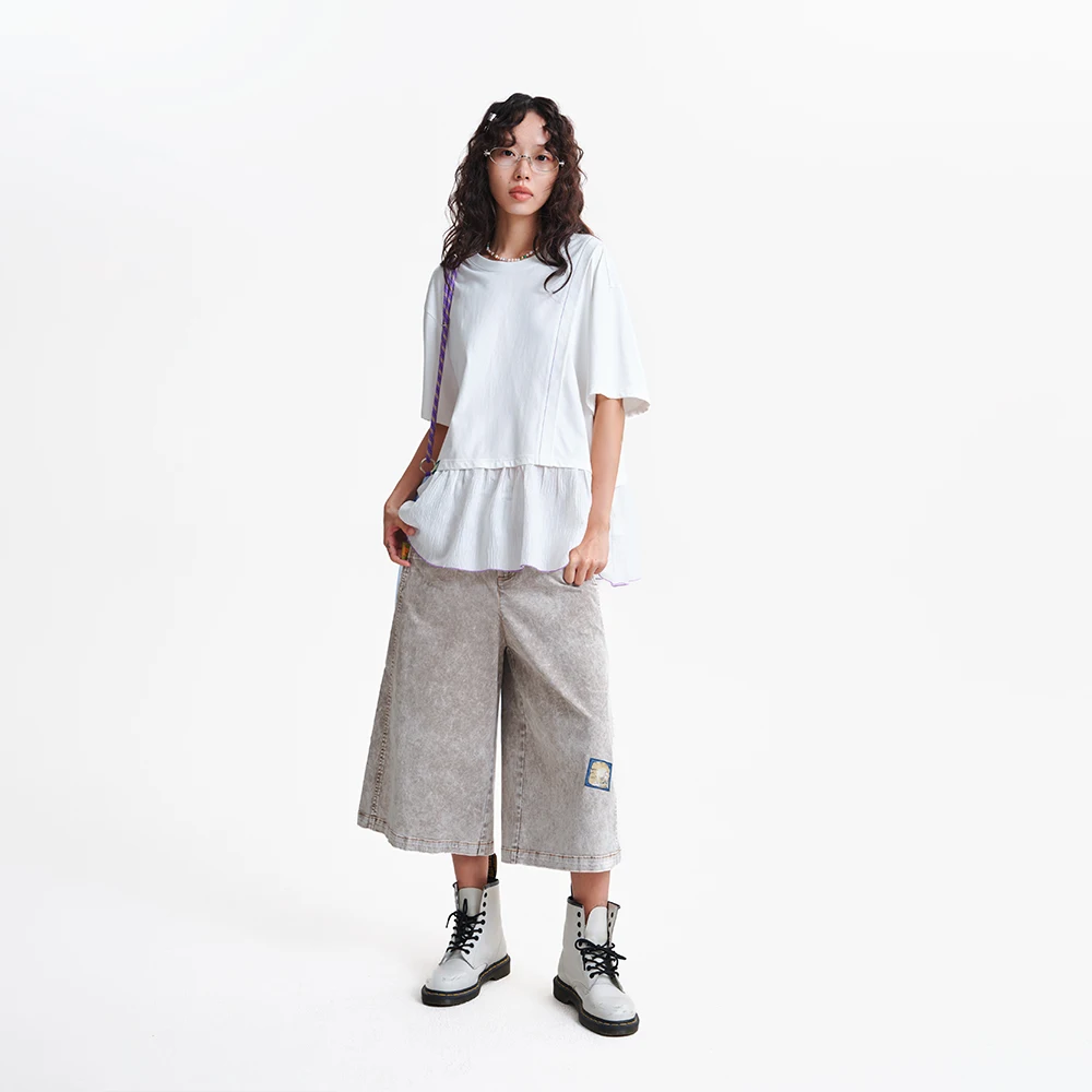 MOVEUP Round Neck Short Sleeve Women's T-Shirt 2026 Spring Floral Woven Label Color Block Stitching Hem Tops For Women 3ELC10515