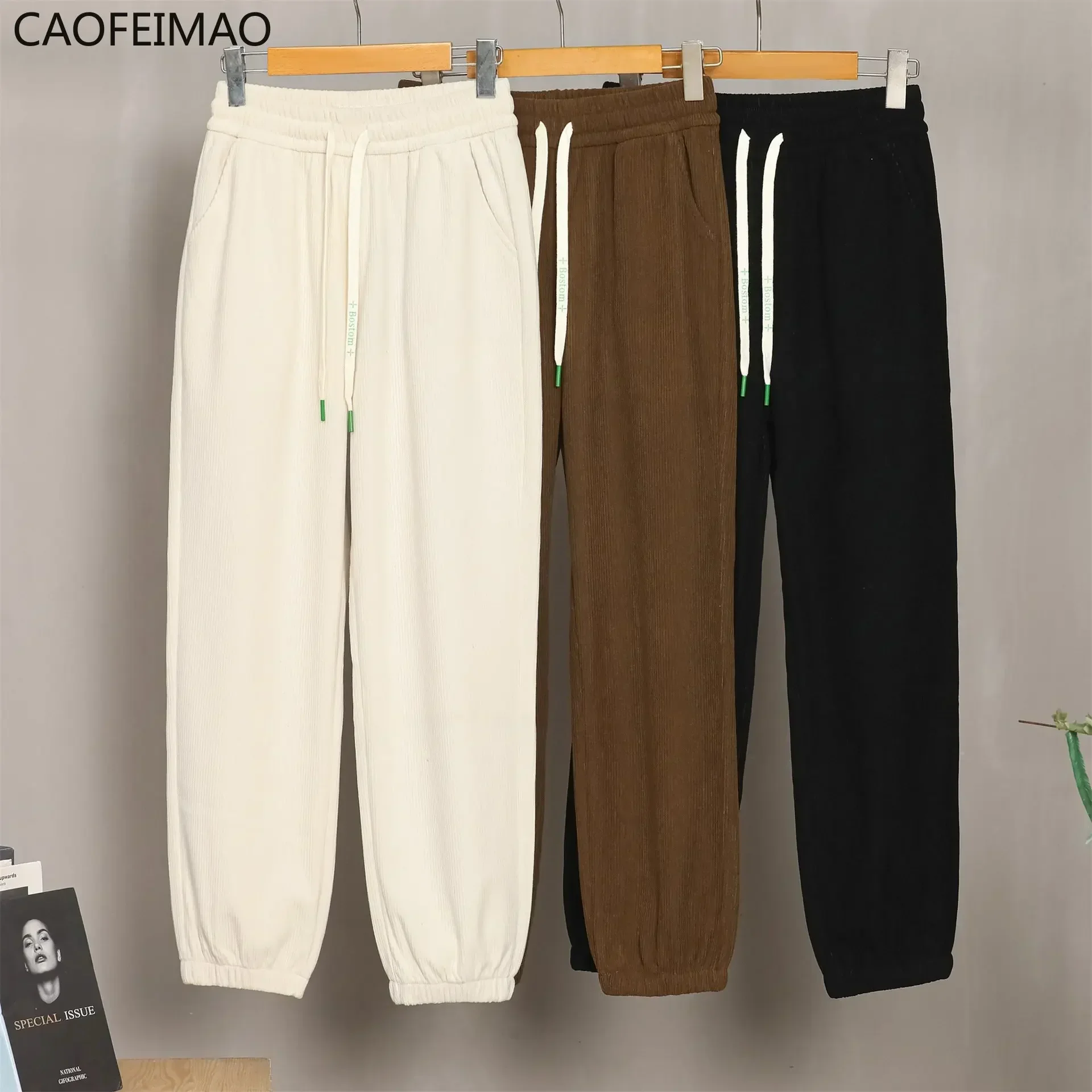 Women's Spring and Autumn New High Waist Loose Large Size Show Thin Sanitary Pants Corduroy Bundle Foot Casual Pants Tide