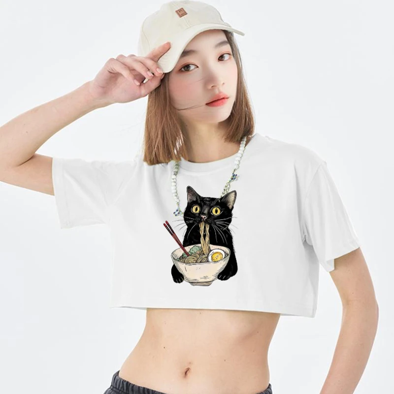 Summer New Noodle Ramen Cat Printed Cotton Round Neck T-shirt Black Cat Noodle Loose O Neck Short Sleeved Women Crop Top