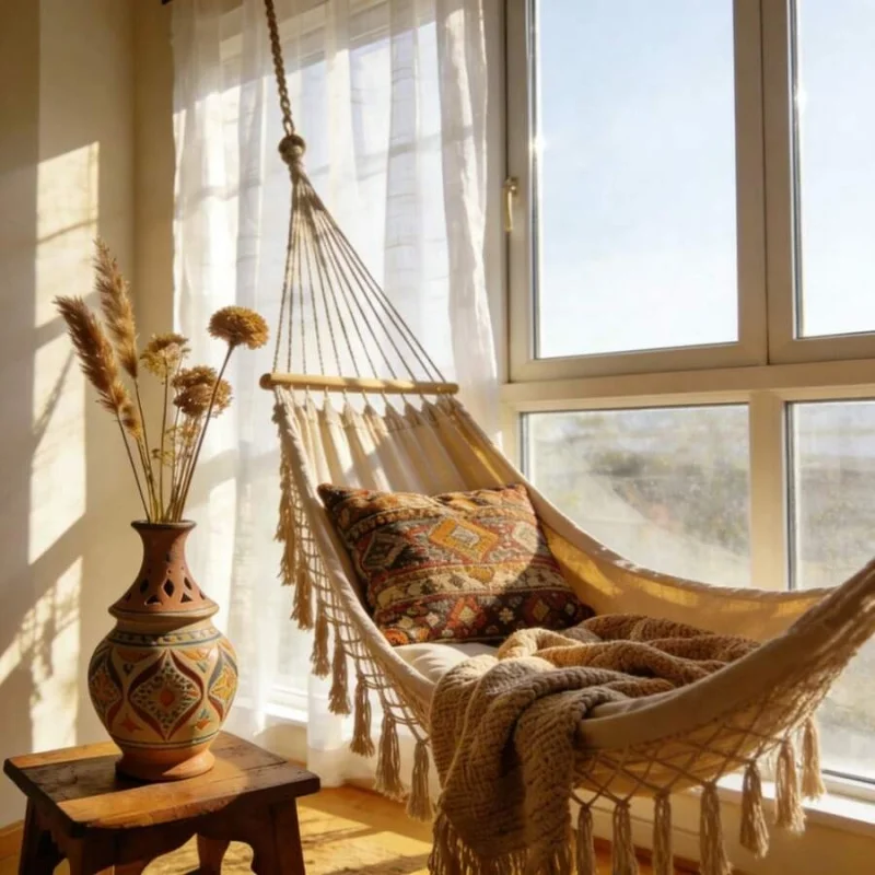 

A Portable Swing Hammock Made Of Hand- Rope. Thickened And Widened Double Canvas Hammock With Anti-Slip Design