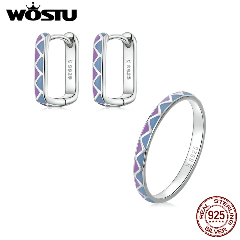 WOSTU 925 Sterling Silver European Simple Contrast Color Purple Blue Rings Stud Earrings Geometric Jewelry Set For Women Gift