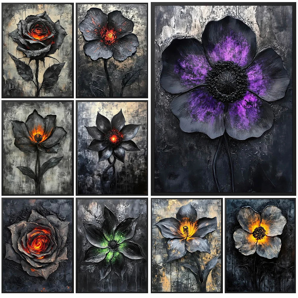 Gotische Stimmungsvolle Blumenkunstdrucke, Moderne Dunkle Blumen-Leinwandmalerei, Gotische Schwarze Rose & Blumen-Wandkunst, Industrielles Blumen-Poster