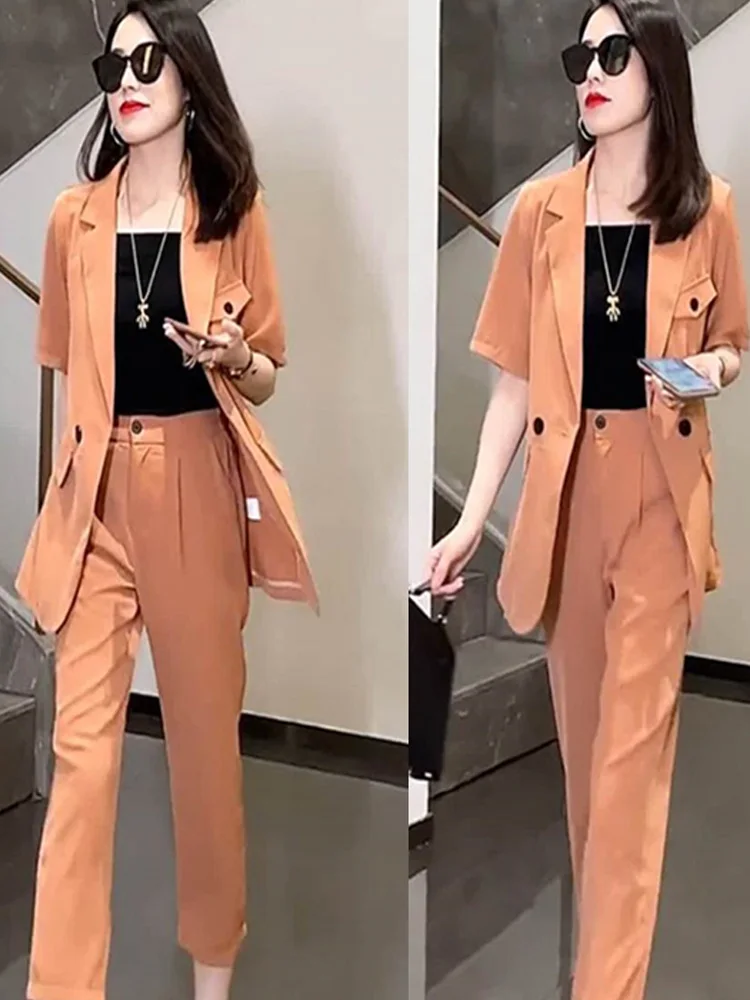 

Elegant Short Sleeve Suit Two-Piece Set Women's Fashionable Summer Outfit Eight-Piece Pants Ensemble Casual Chic Workwear
