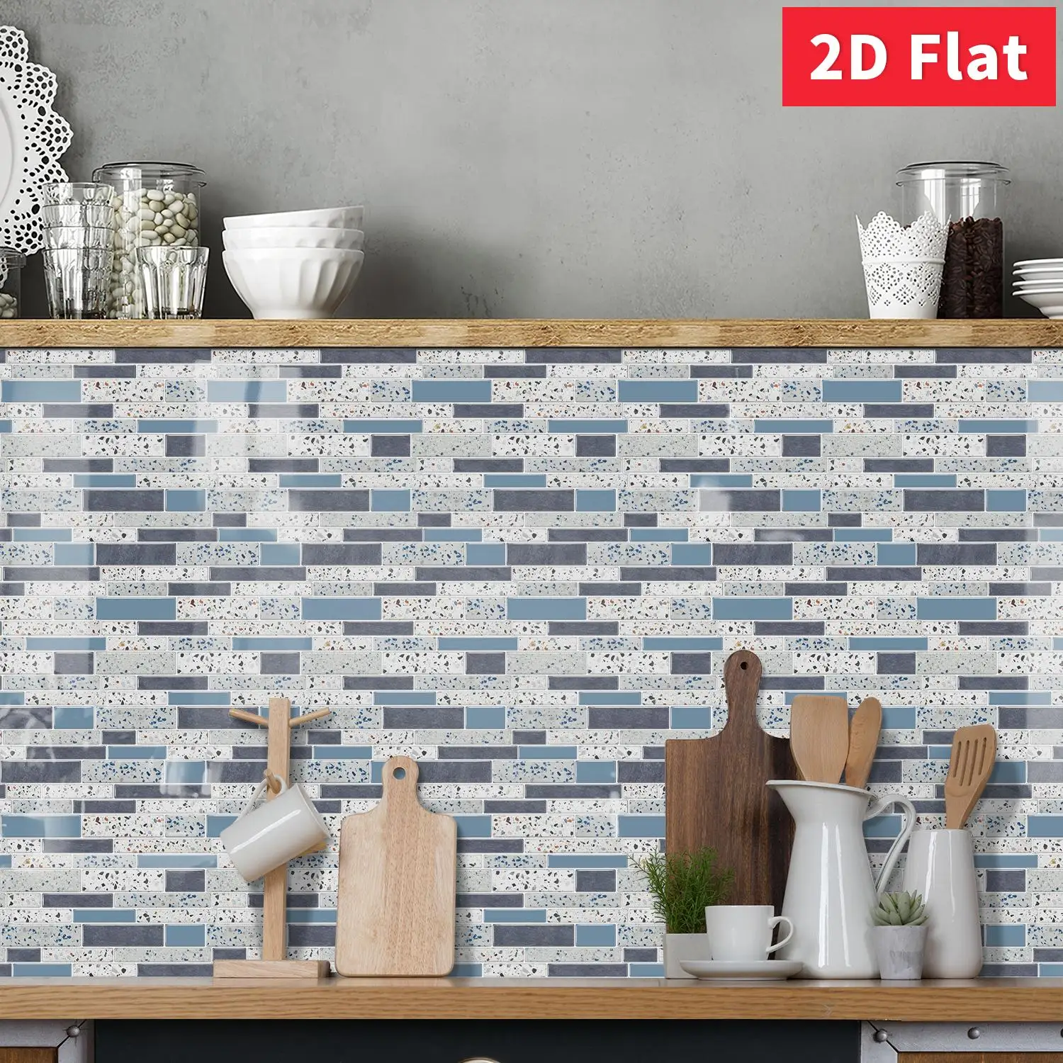 Blue Grey Terrazzo Peel and Stick Tile 12×12 Inch Thick Foam Wall Sticker Waterproof Kitchen Backsplash