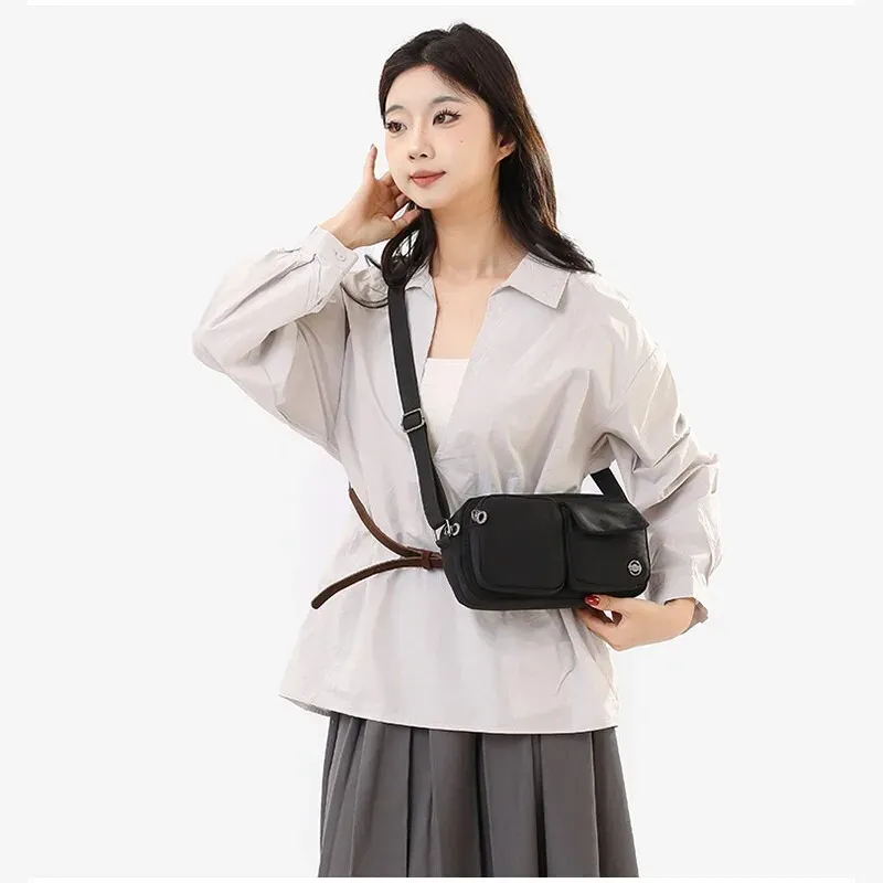  Simple Multi-pocket Shoulder Bag Women's Fashion Casual Crossbody Bag Lightweight Nylon Cloth Small Square Bag Commuting 