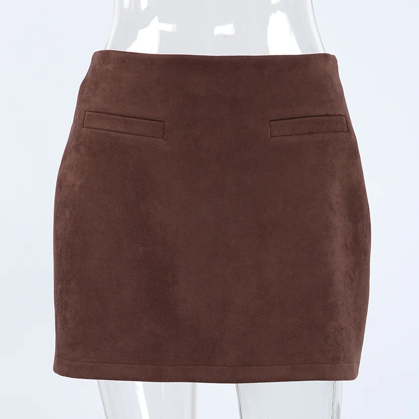 Vintage Suede Mini Skirt Commuter Brown High Waisted Pencil Skirt Women  Wear