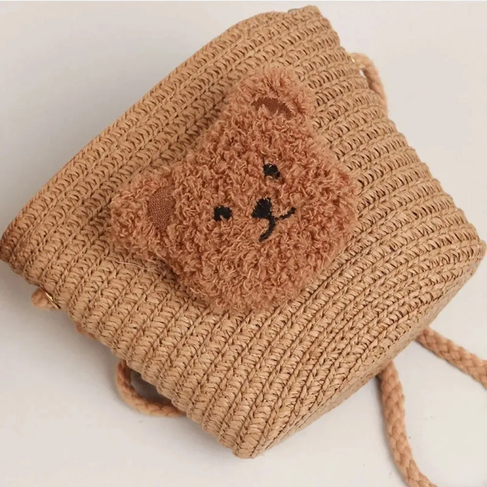 Cute Straw Woven Shoulder Bag Cartoon Bear Handmade Crossbody Bag Travel Princess Wallet
