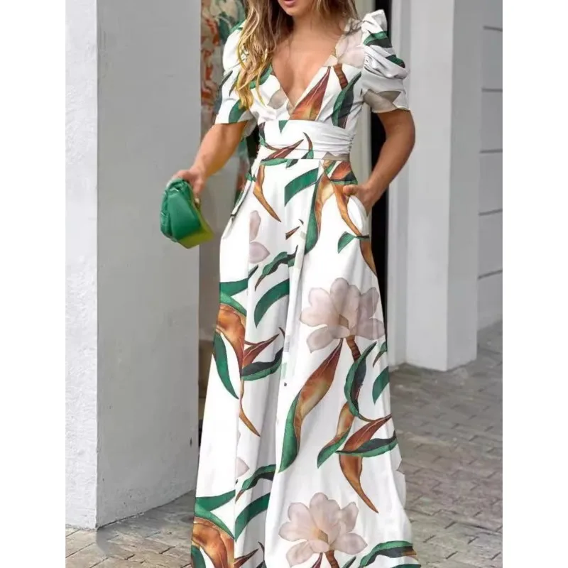 Women's New Summer Fashion Printed Jumpsuits Sexy V-Neck Wide Leg Pants Outfits Casual Temperament Elegant Long Pants Jumpsuits