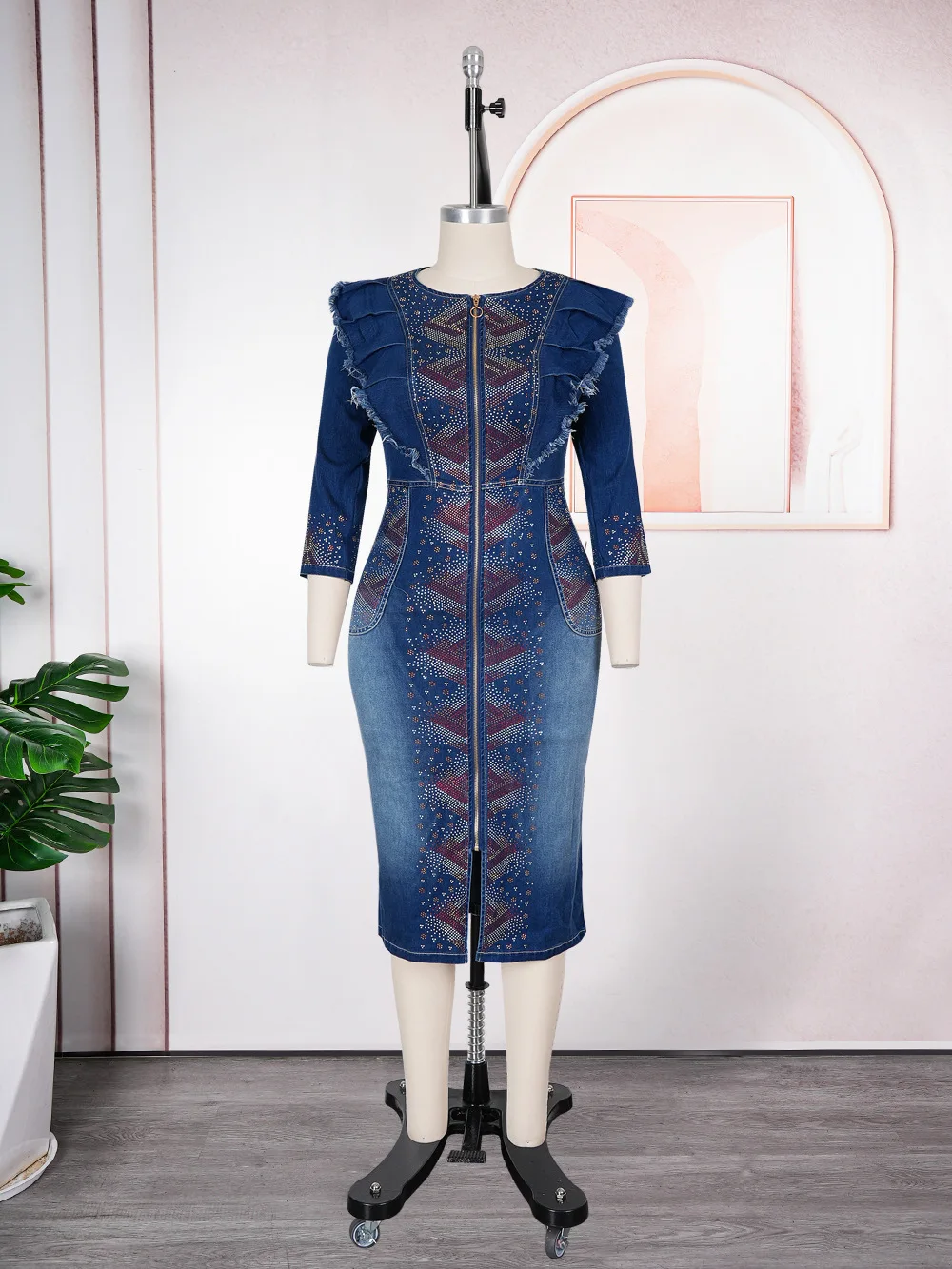 Elegant Plus Size Denim Dress Rhinestone Design High Waist Slim Fitting Fashion Dress For African Ladies Daily Matching