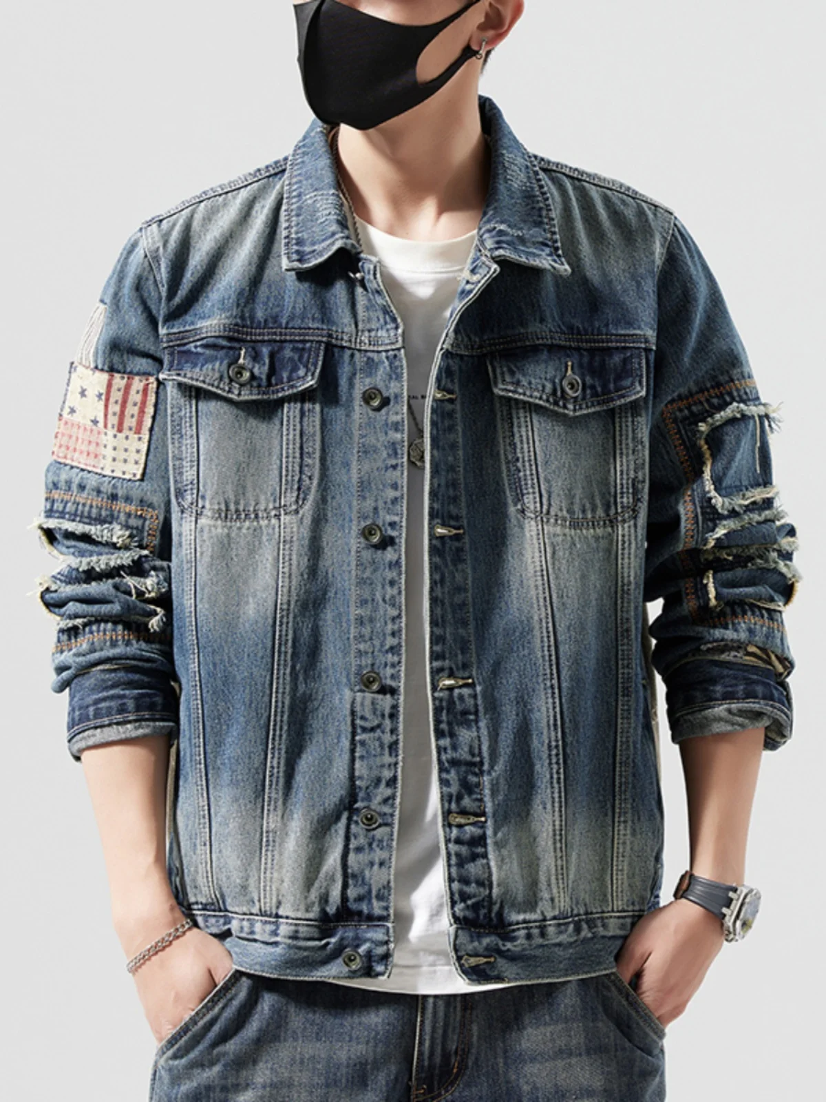 

Retro American Sle Men's Denim Jaet Loose Long Sve Trendy Splicing Outerwear Coat Youth ulari Windproof