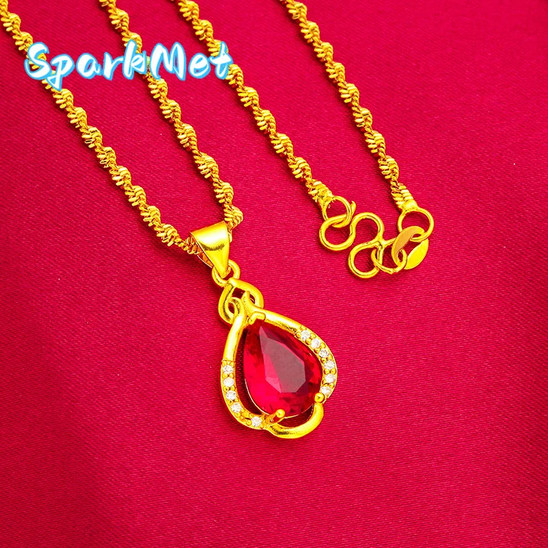 

Sparkmet24K Gold Red Drop Necklace AU999 Pure Gold, warm gold chain paired with natural ruby drop, simple yet elegant for daily