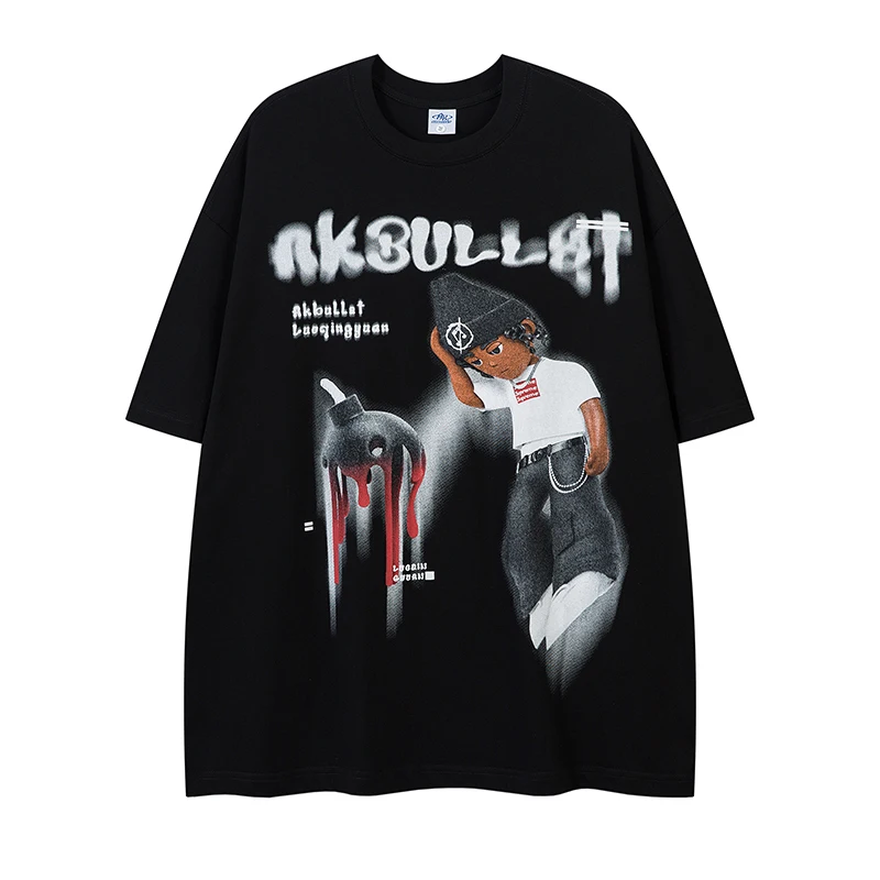 

AKS15 Men's summer new short-sleeved cotton T-shirt American street hip-hop trend boys high quality heavyweight printing