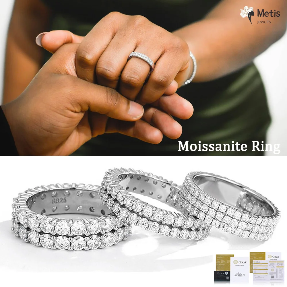 

Full Moissanite Wedding Band S925 Sterling Sliver D Color VVS1 Plated 18k Anniversary Eternity Ring Hip Hop Rings for Women Men