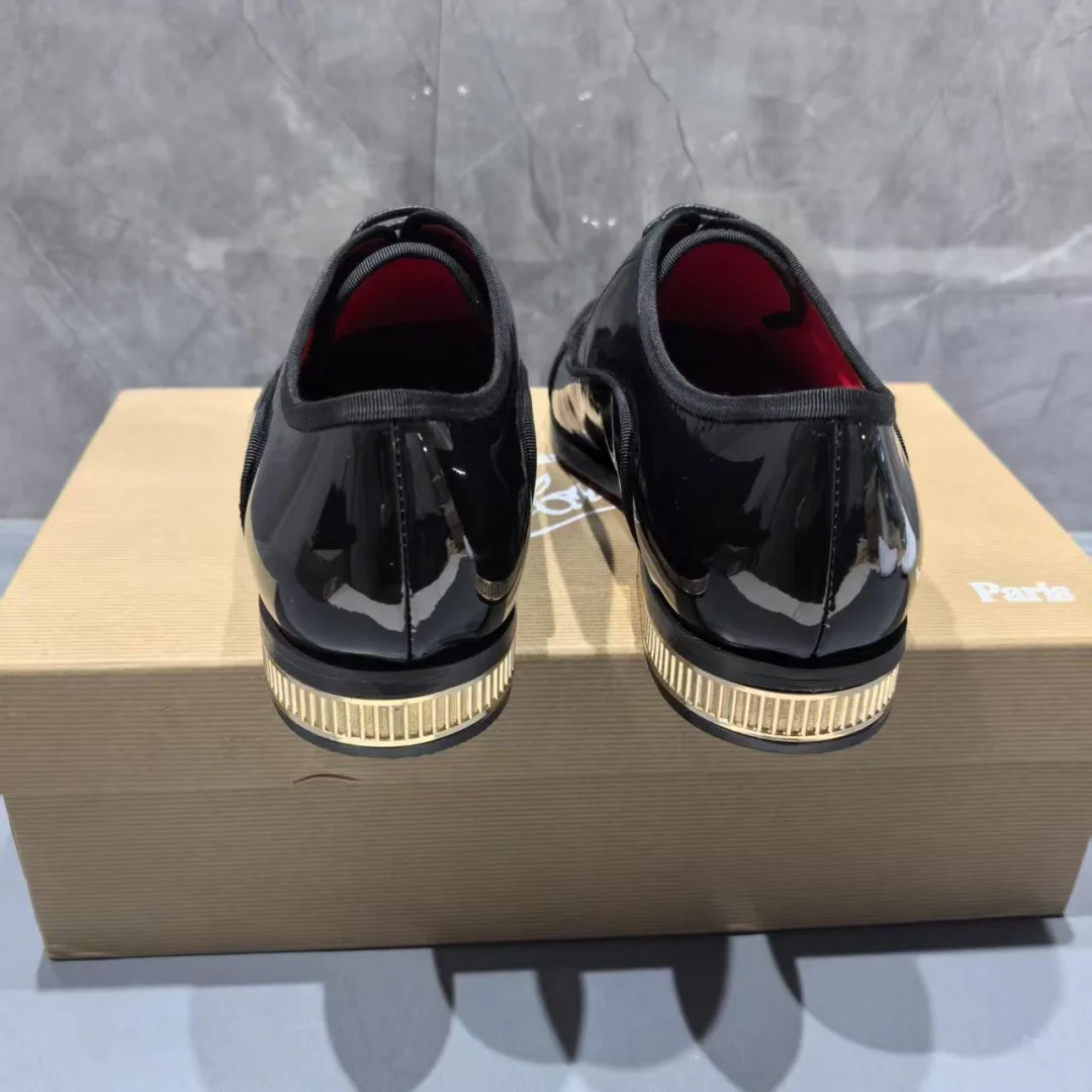 Lace-Up Red Sole Single Shoes Male Square Toe Red Lining Chaussur Metal Heel Chunky Low Heels Black Patent Leather Shoes For Men view 6
