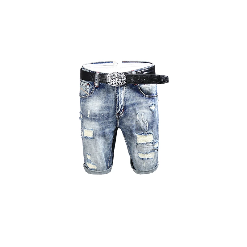 Men's Light Blue Ripped Denim Shorts Street Tide Brand Retro Summer Thin Casual Trendy All-Match Shorts