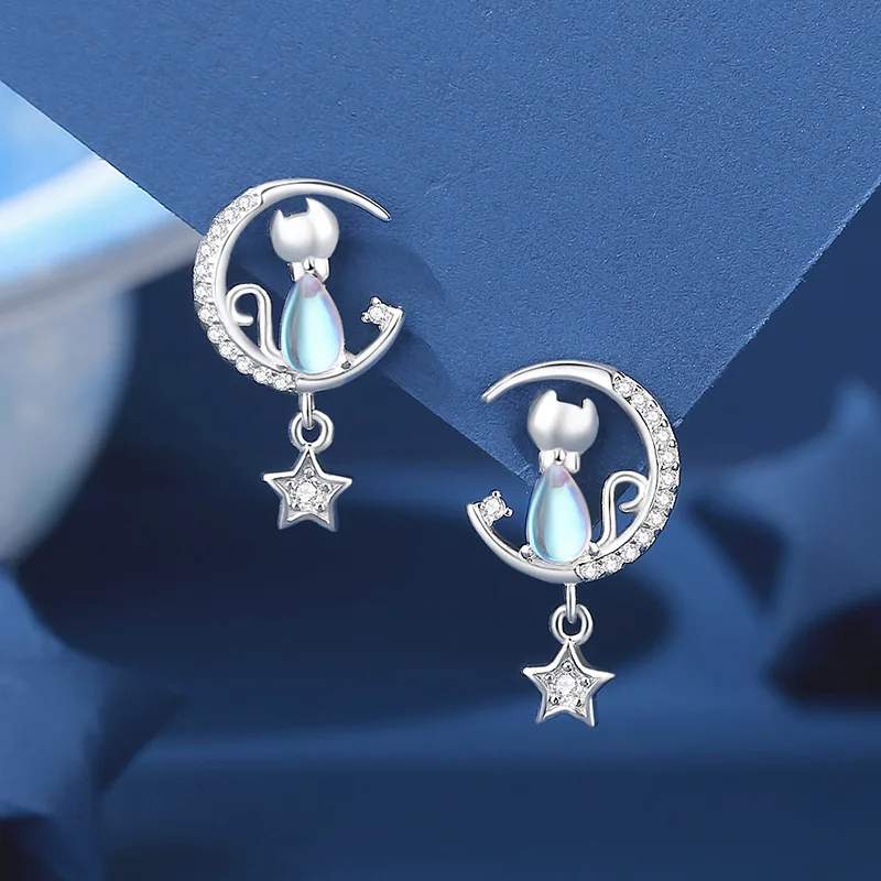 Women\'s European Sparkling S925 Sterling Silver Pave AAA CZ Cat Moon Jewelry Set - Necklace Earrings Bracelet for Birthday Gift