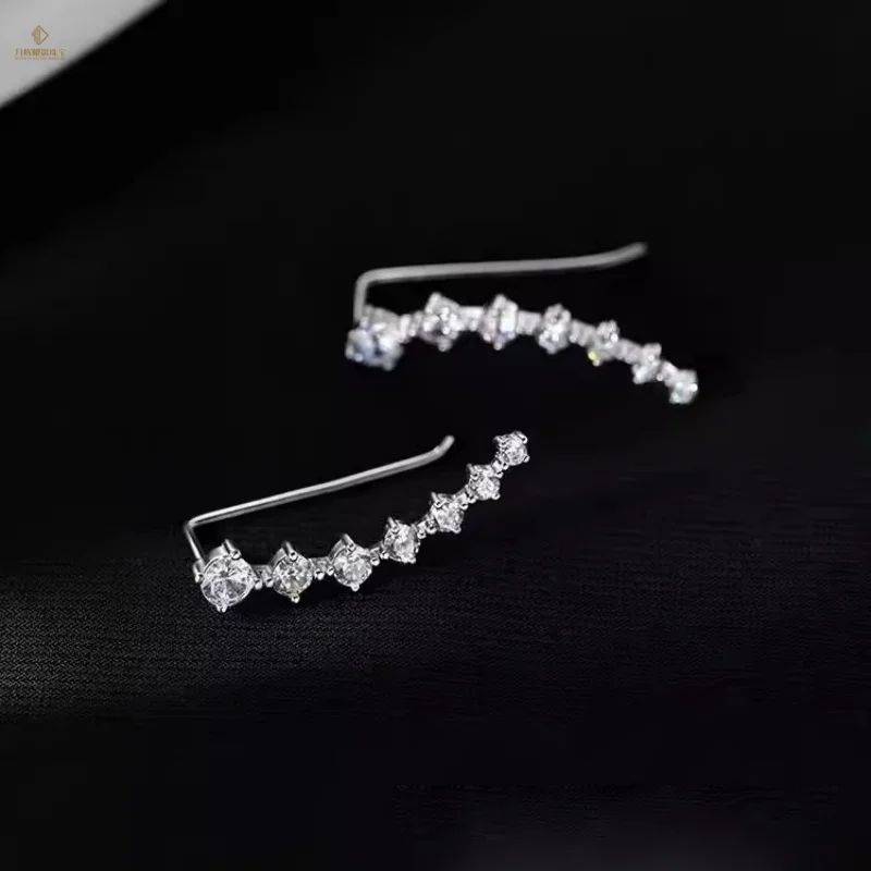 Elegant Graduated Sparkling Curved Crawlers Rhodium Plated 925 Sterling Silver Moissanite Stud Earrings for Women Luxury GRA