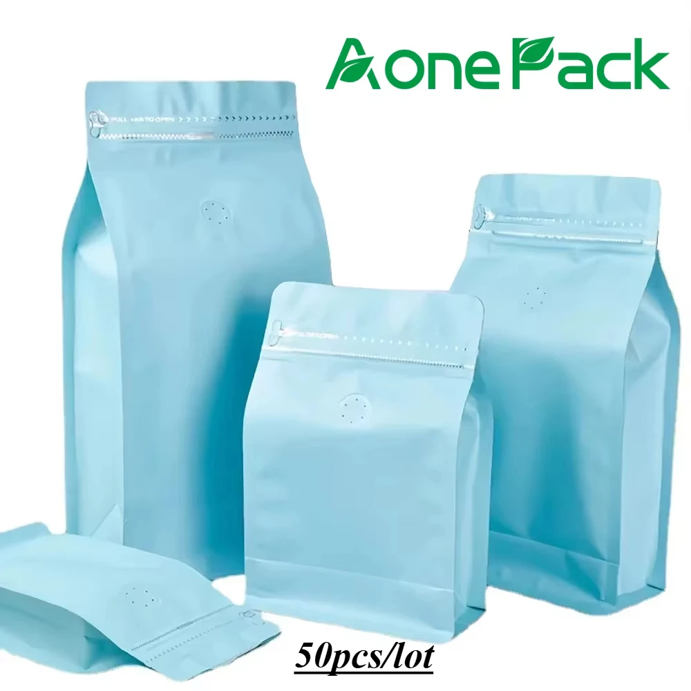 

50pcs Matt Blue Coffee Bean with Valve 100g 250g 500g 1kg Aluminum Foil Pet Food Ziplock Packaging Flat Bottom Pouch Bags
