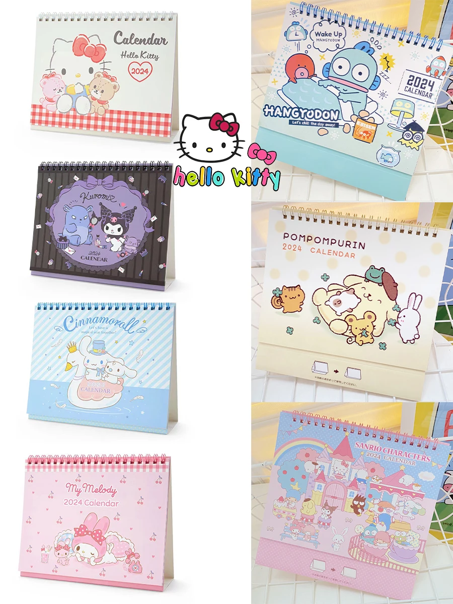 Cute 2024 Sanrio Cartoon Hello Kitty Desk Calendar Kuromi Melody Kawaii Coil Plan Calendar Office Memo Desktop Ornament Stickers