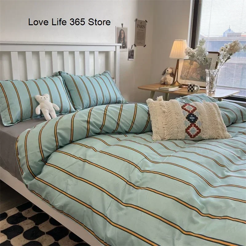 

Ins Pink Stripe Premium Bed Sheets Korean Style Quilt Covers High Quality Polyester Pattern Linen With Pillowcase Full Size