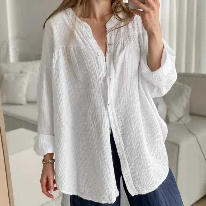 

Elegant 100% Cotton Muslin White Shirts Blouses Women Fashion Solid Lace-Up Loose Casual Long Sleeve Steetwear Outfits Tops 2025