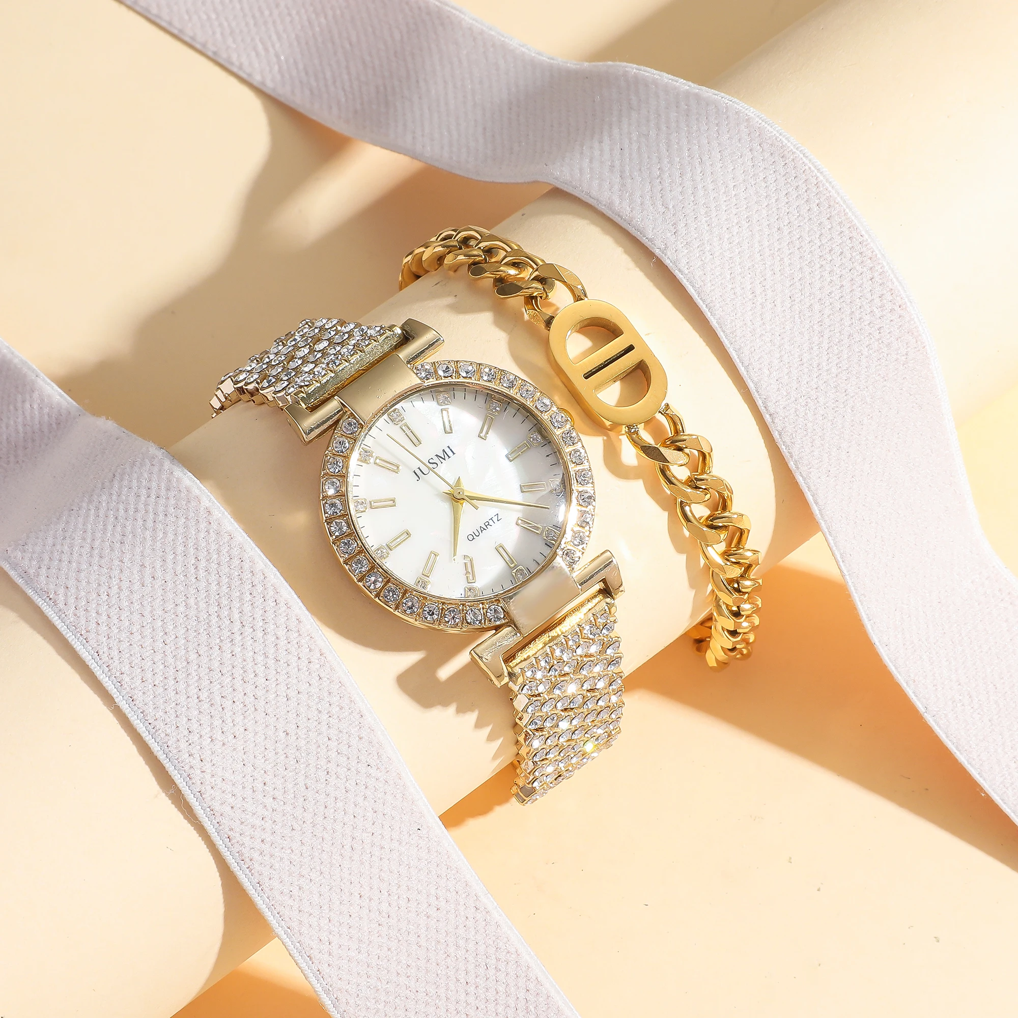 قطعتان/مجموعة ساعات كوارتز بسيطة مستديرة مرصعة بالألماس للسيدات أطقم مجوهرات بسيطة مناسبة لهدايا العطلات