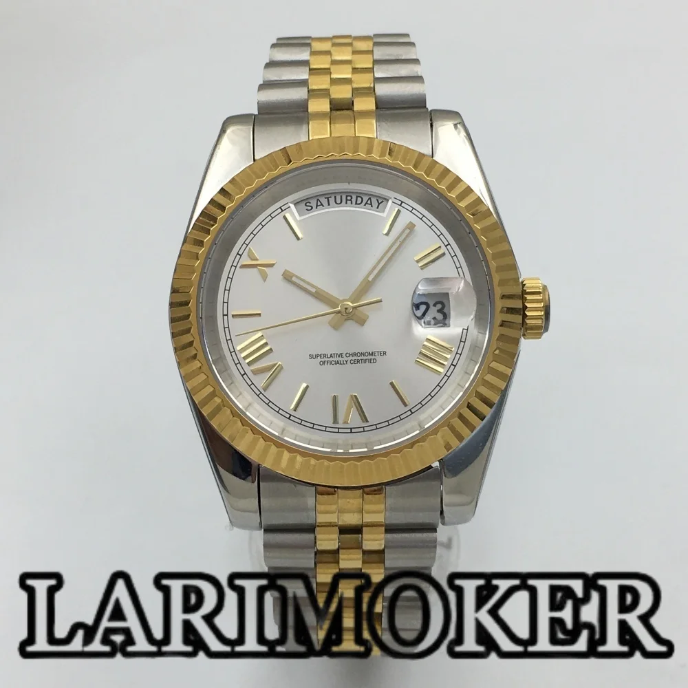 

LARIMOKER 36 мм/39 мм двухцветные золотые часы мужские MIYOTA8285 механизм рифленый безель сапфировое стекло серебряный циферблат водонепроницаемые часы с датой