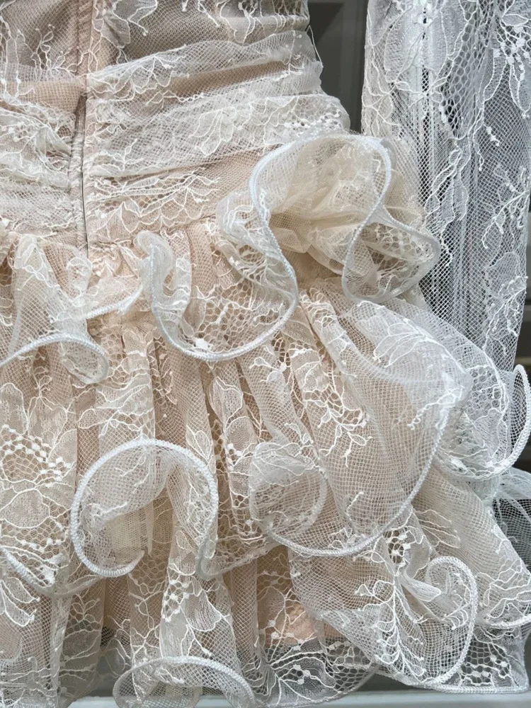 DFDG Vestido de encaje con volantes y bordado floral vintage para mujer con dobladillo ondulado plisado Retro Boho Chic 2025 Primavera Verano Vestido de fiesta informal