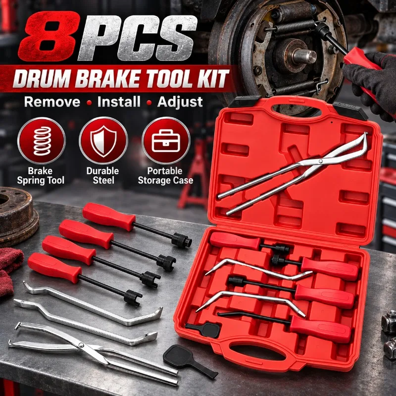 8Pcs Drum Brake Service Tool Set Spring Removal Pliers Brake Adjuster Spoon Hold Down Tools Automotive Maintenance Kit with Case