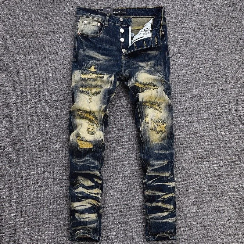 

Осень и весна, новая модная тенденция, американские винтажные рваные прямые джинсы для мужчин, повседневные спортивные джинсовые брюки высокого качества