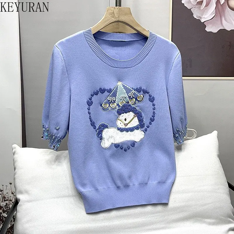 2023 Summer New Beading Embroidery Puff Short Sleeve Sweater Women Knitted T-Shirt Slim Fit Short Pullover Knitwear Tops Jumpers