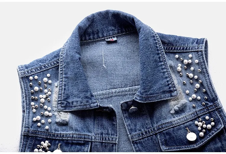 Women Lapel Jacket Vintage Denim Vest Loose Fit Bead Decor Single-breasted Hop Streetwear for Ladies Fall/spring Waistcoat