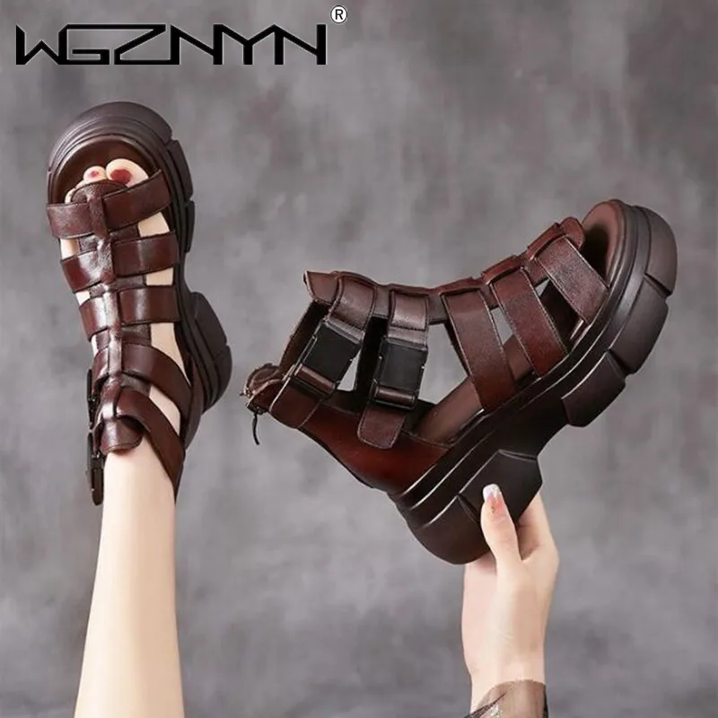 Handmade Genuine PU Leather Retro Shoes Women Sandals 2022 New Ankle Boots Summer Handmade Hollow-out Casual Platform Sandals