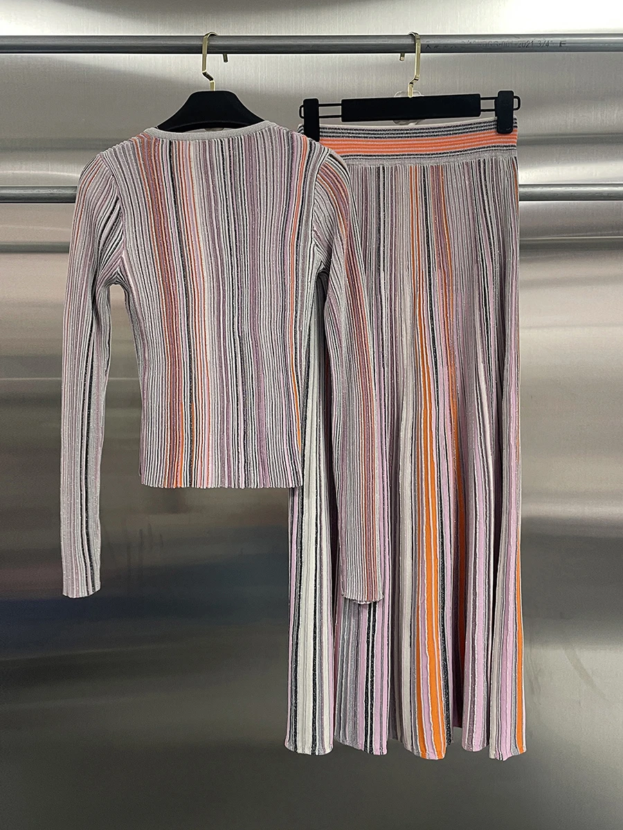 GALCAUR Hit Color Spliced Printing Two Piece Set Female O Neck Long Sleeve Top Vintage Streetwear Women's Skirt Sets Fashion New - Image 3