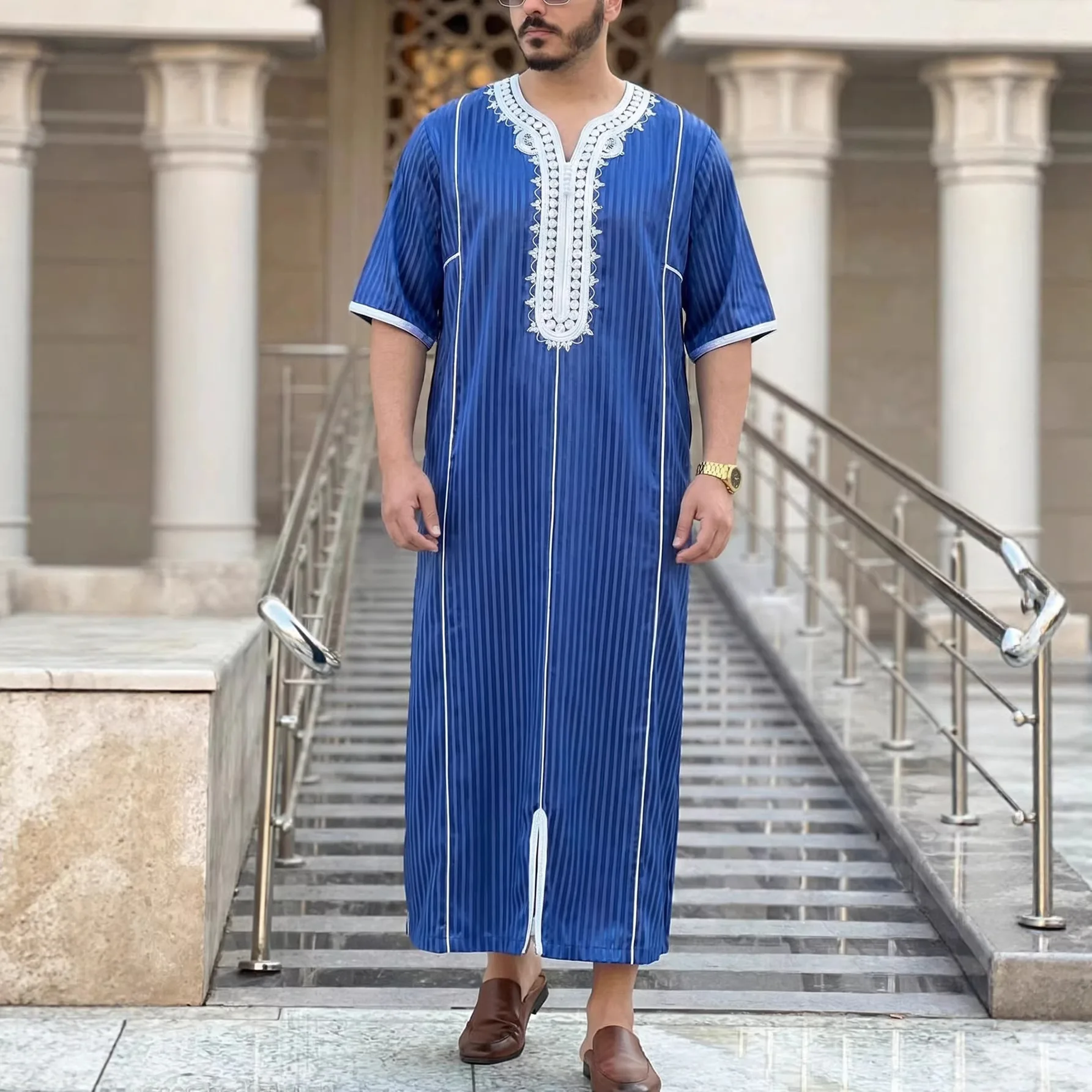 

2026 New Islamic Muslim Robe, Loose-fitting Moroccan Long Striped Ethnic Style Robe Abaya Ramadan Dubai Luxury Islam Elegant