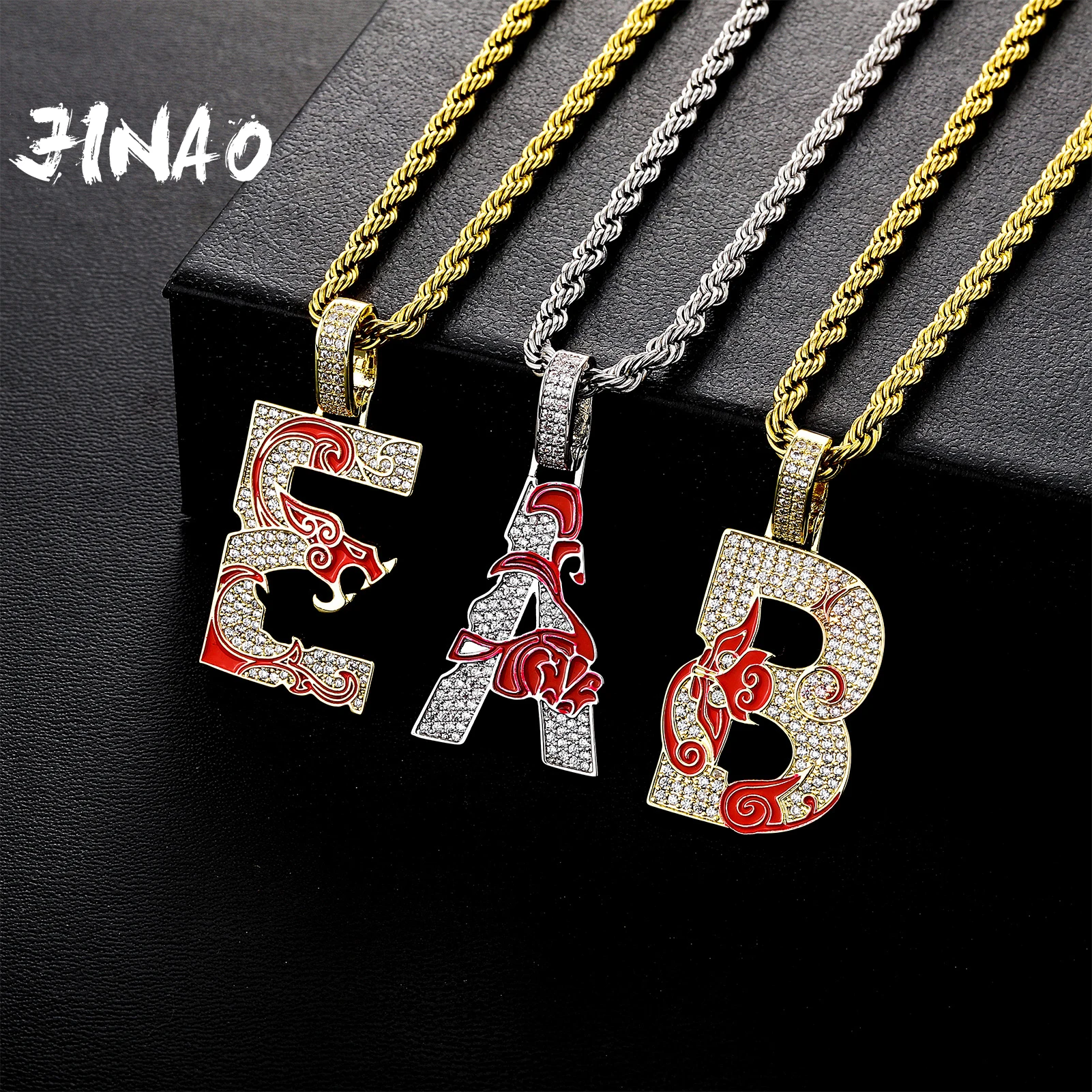 JINAO Drop Oil Dragon Totem Design 26 Letters Pendant High Quality Ice Cravejado AAA+ Cubic Zircon Four Colors Of Jewelry