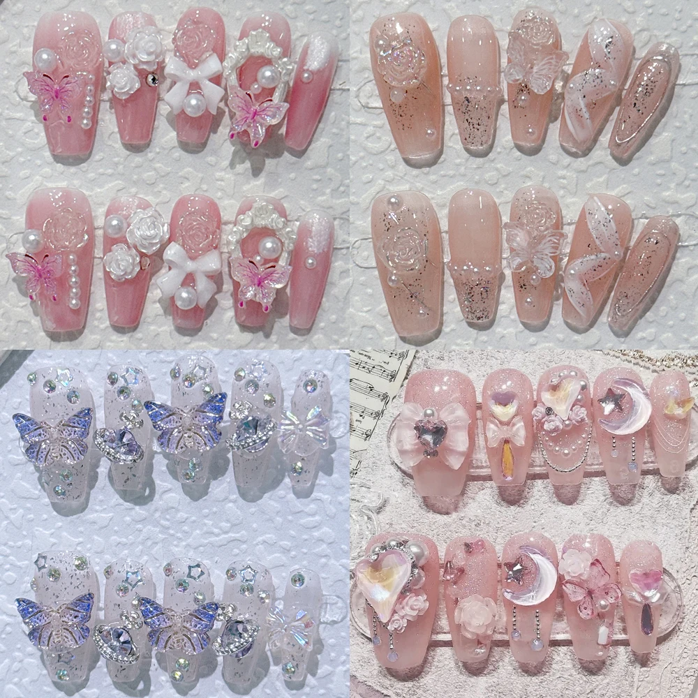 

10Pcs Cute Gradient Sparkle Shine Handmade Press On Nails 3D Camellia Flower Butterfly Knot Wearable False Nail Gift Sticker