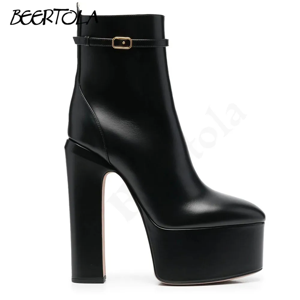 High Water Platform Solid Color Short Boots Thick High Heel Side Zipper Pull-On Ankle Boots Fashion Large Size Women's Boots