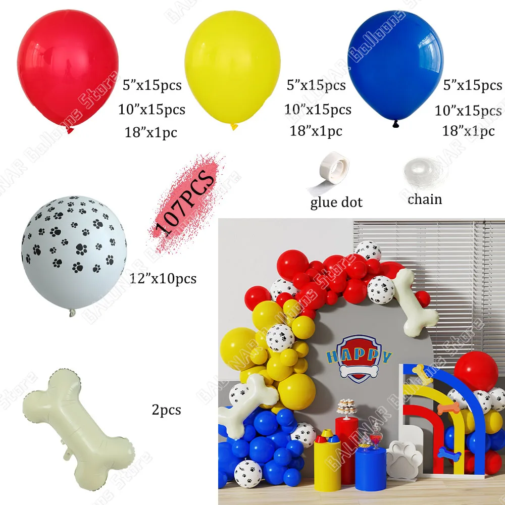 107/111pcs Red Yellow Blue Latex Dog Bone Balloon Garland Arch Kit Patrol Themed For Boy Birthday Party Decor Baby Shower Globos