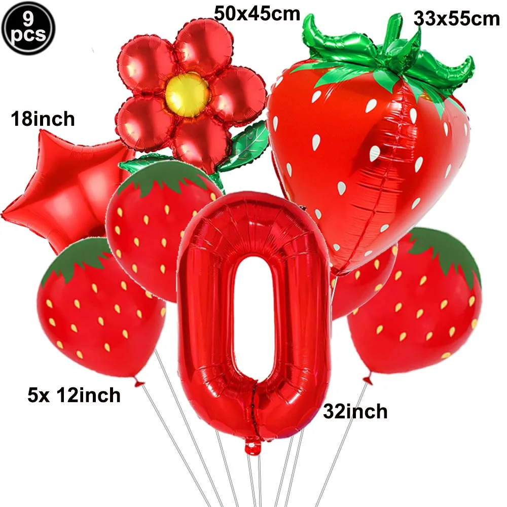 9-teiliges Erdbeer-Luftballon-Set, Geburtstagsdekorationen für Mädchen, 81,3 cm, 0–9, Zahlenballons für Erdbeer-Geburtstagsparty-Dekorationen – Detail 2