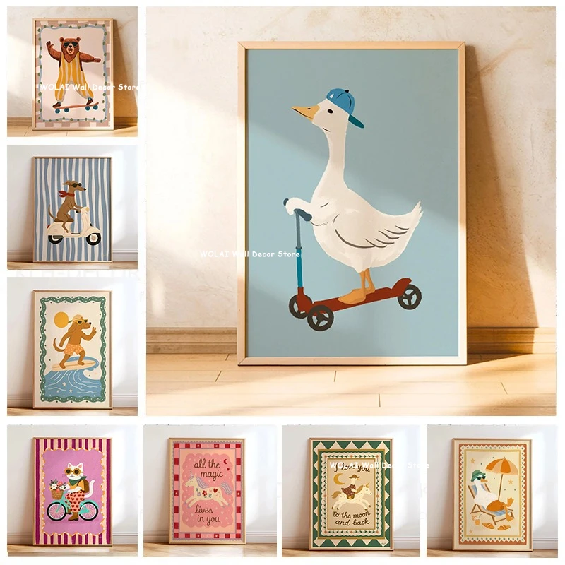 Kids Animal Nursery Poster Trendy Playful Animal Print Whimsical Canvas Painting Wall Art Picture for Modern Nursery Home Decor