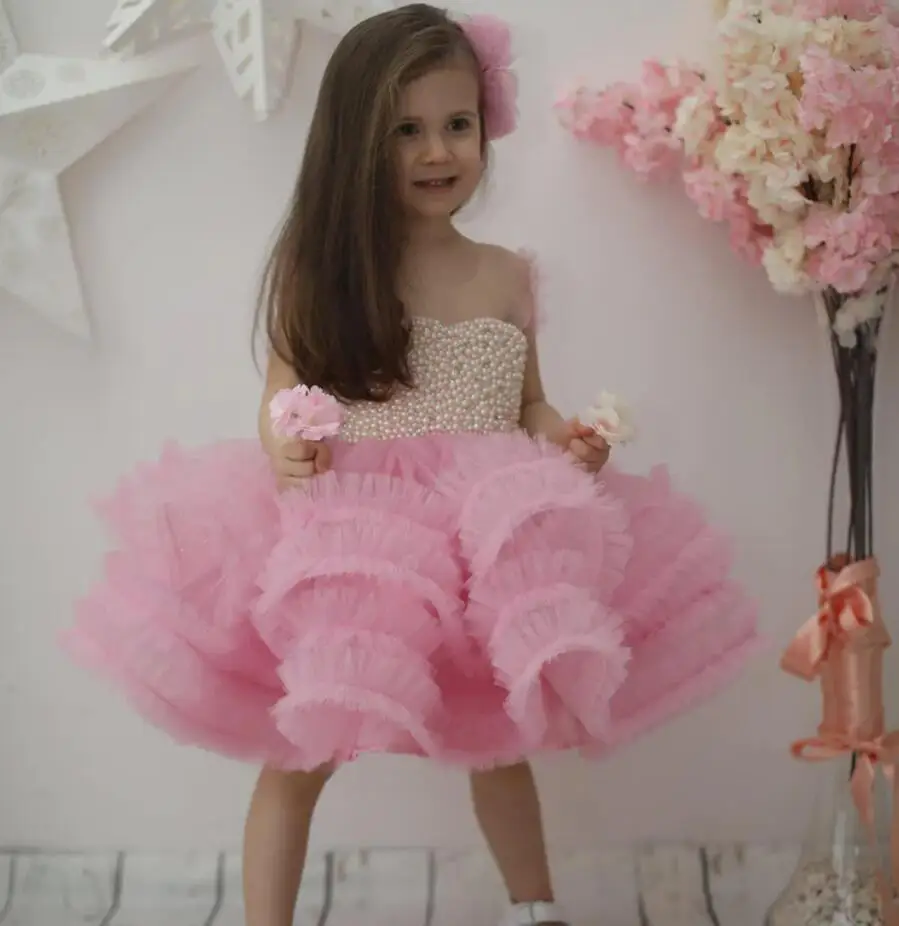 Vestido de cumpleaños Rosa hecho a mano con perlas de lazo para niña, Vestido de fiesta de Navidad, Vestido de ceremonia especial, tutú para niñas