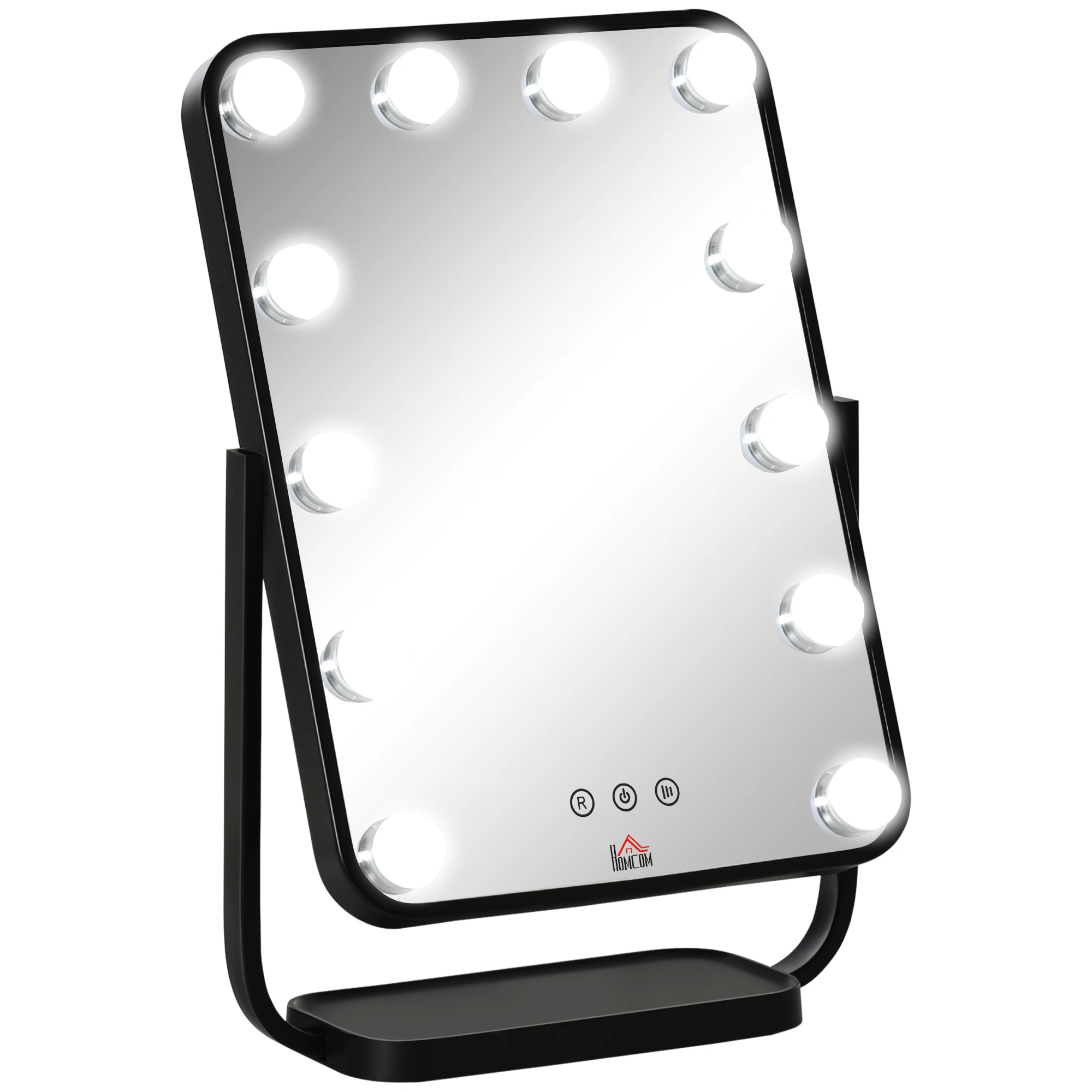 Homcom Makeup Mirror Illuminated Tabletop Mirror with 12 Led Lights 3 Color Temperatures Adjustable Touch Screen and Memory Function for Bedroom Bathroom 32.8X11X47.4 cm Black