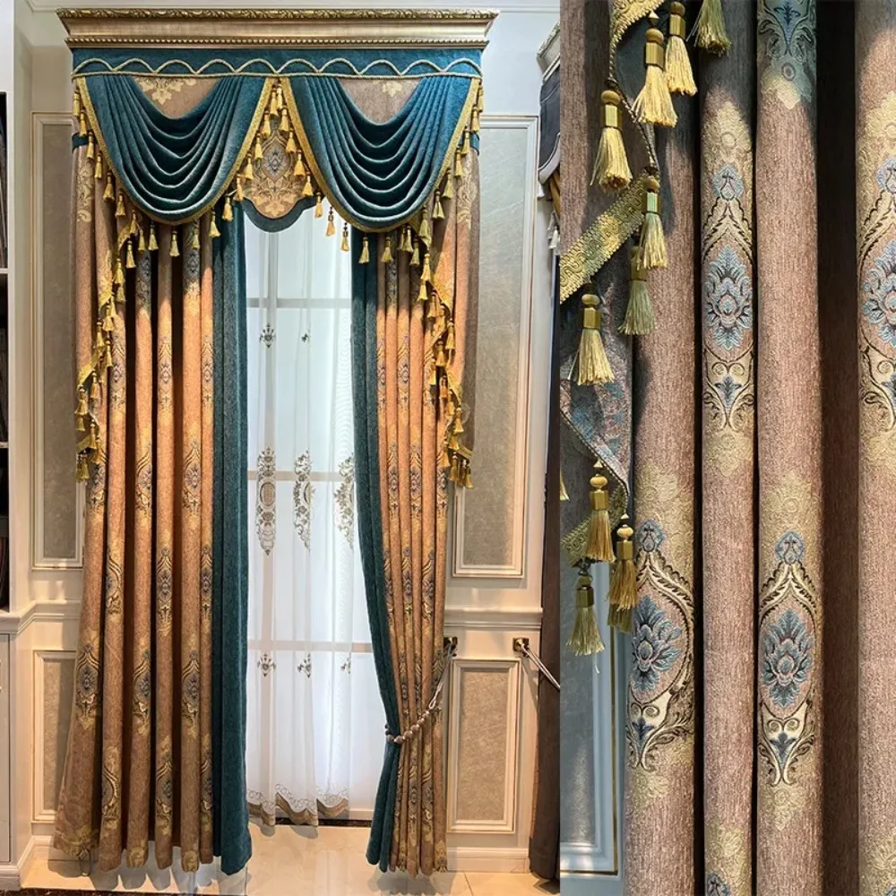European Luxury Curtains For Living Room Bedroom Dining Villa Customized Finished Valance Khaki Chenille Jacquard Thickened