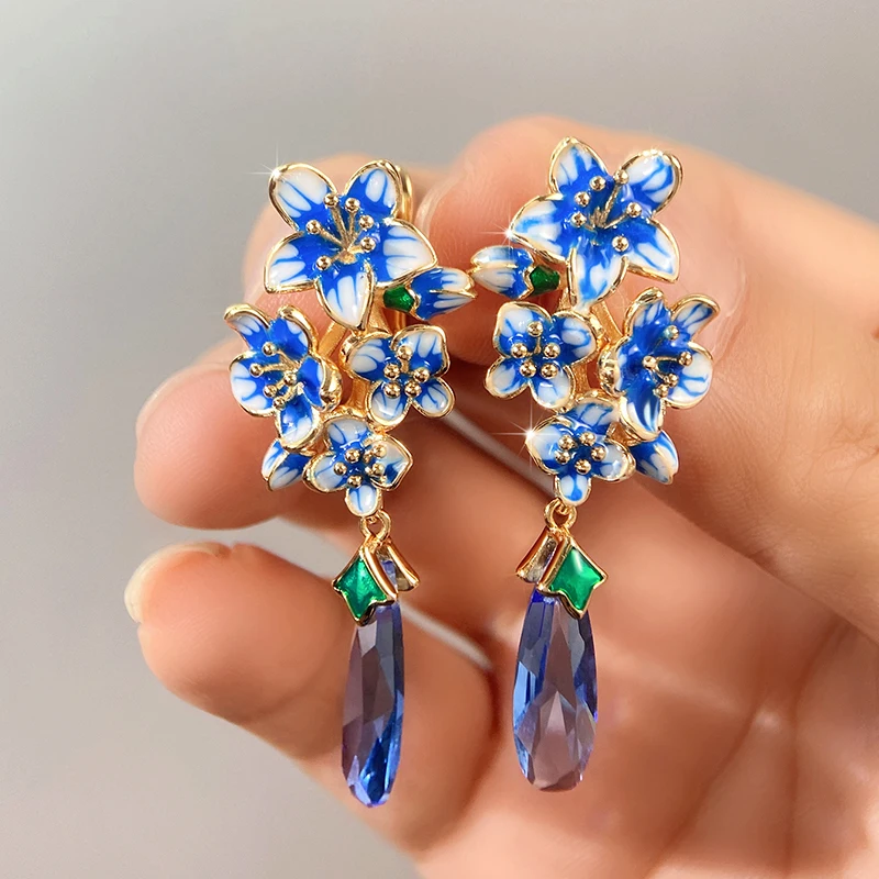 Huitan New Design Blue Morning Glory Earrings for Women Luxury Gold Color Bride Wedding Party Romantic Flower Earrings Jewelry image 5
